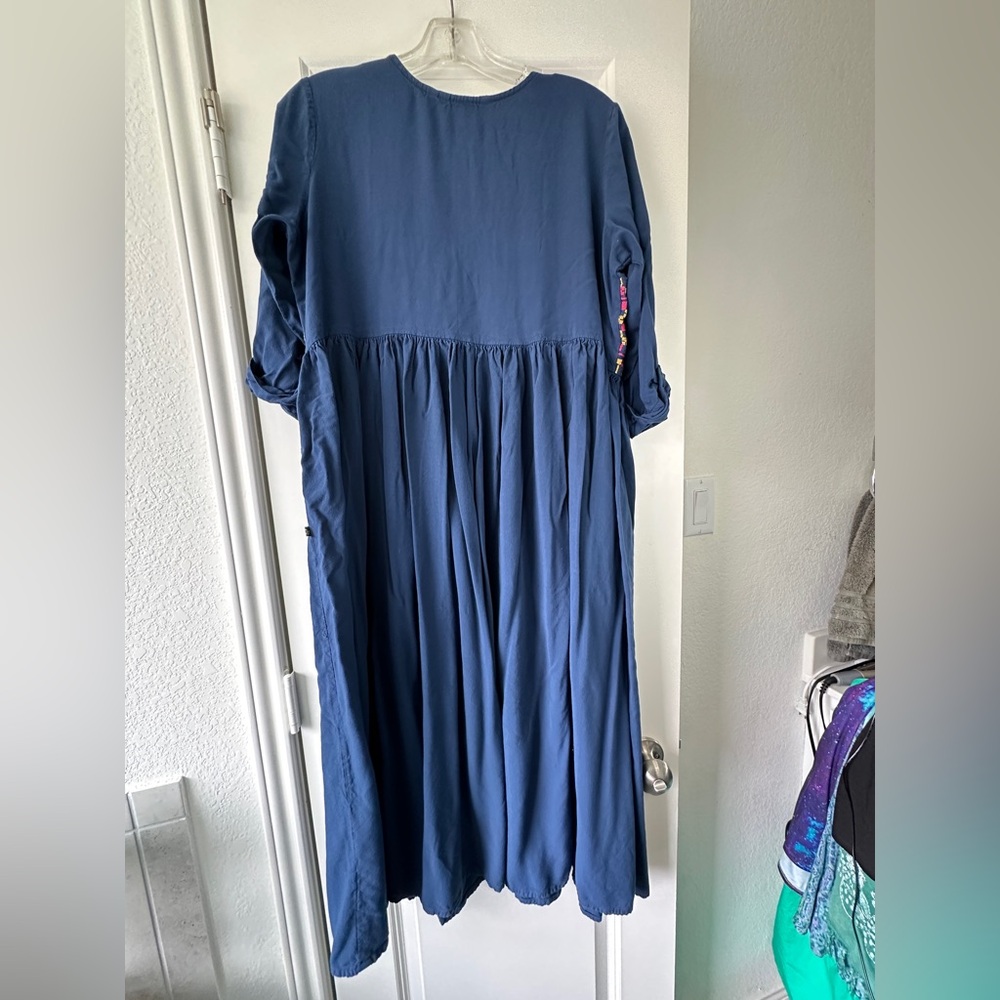 Elegant Blue Maxi Dress Pink Floral Embroidery Flowy Ankle Length Special Event - Picture 8 of 8